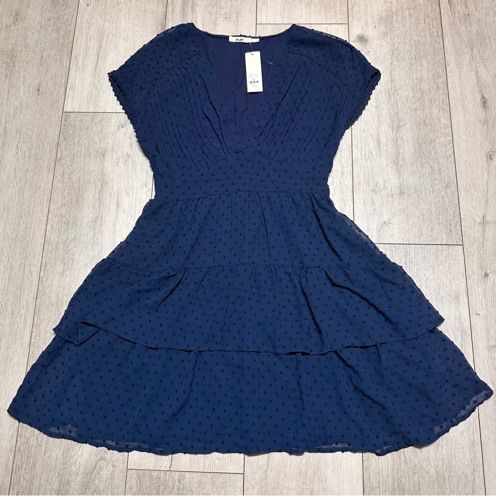 New With Tags Navy Blue Francescas Collection Ruffle Swiss Dot Tiered Mini Dress